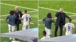 Carlo Ancelotti who knows how to win discussing with Kroos and Marcelo during the Champions League final